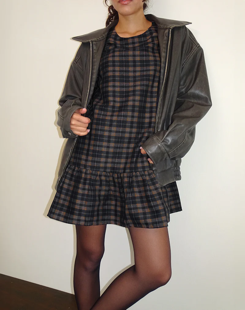 Asterin Mini Smock Dress in Navy Mustard Check - Image 2