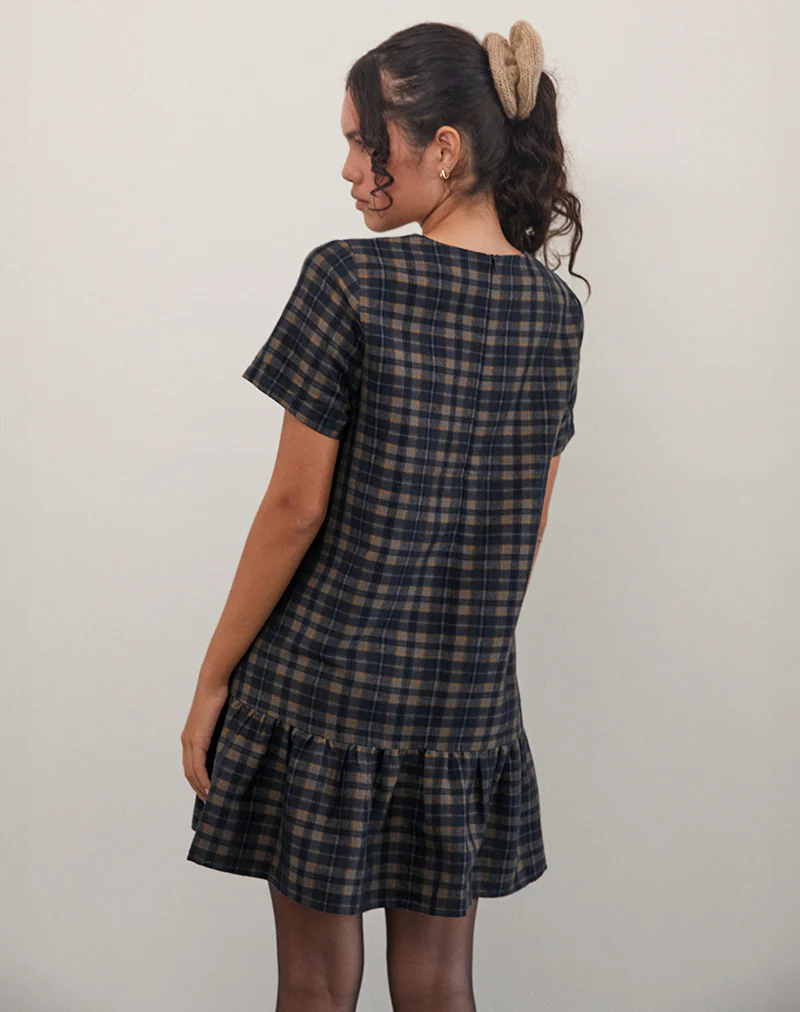 Asterin Mini Smock Dress in Navy Mustard Check - Image 3