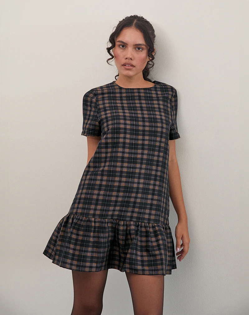 Asterin Mini Smock Dress in Navy Mustard Check - Image 4