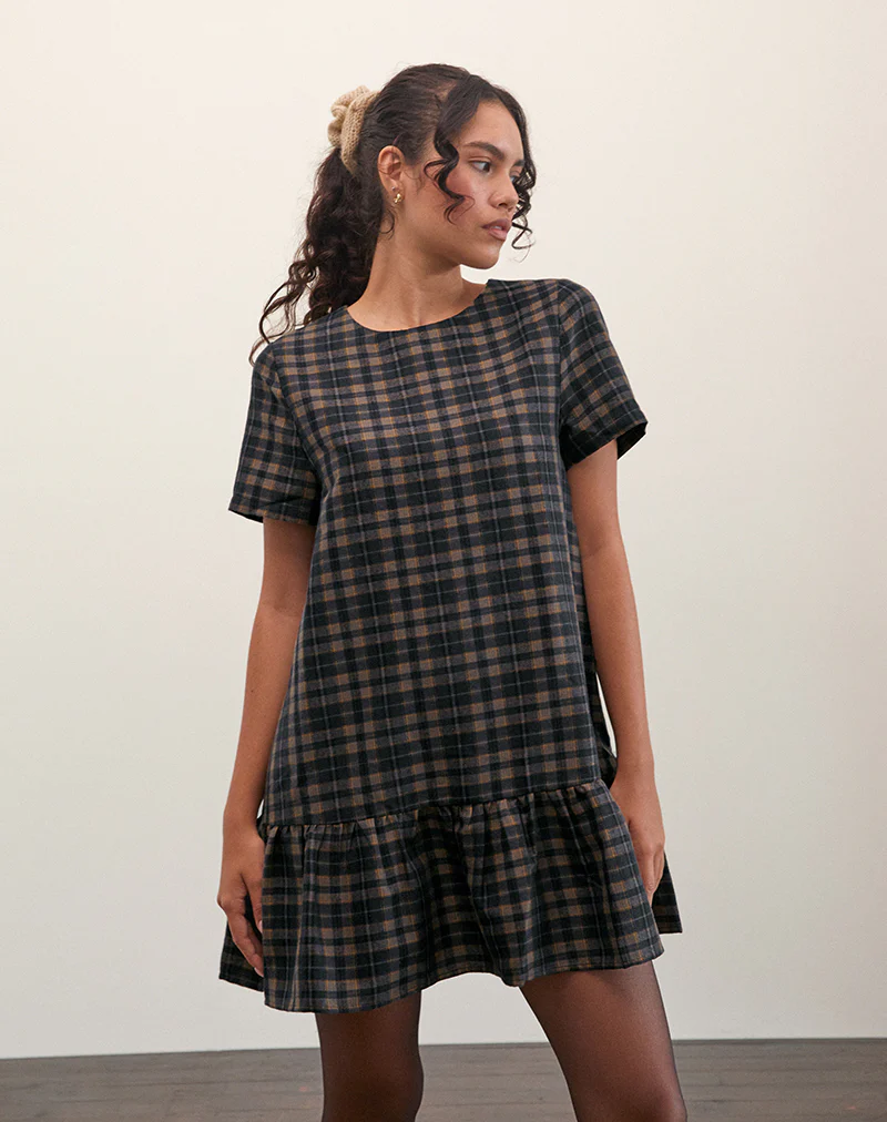 Asterin Mini Smock Dress in Navy Mustard Check - Image 6