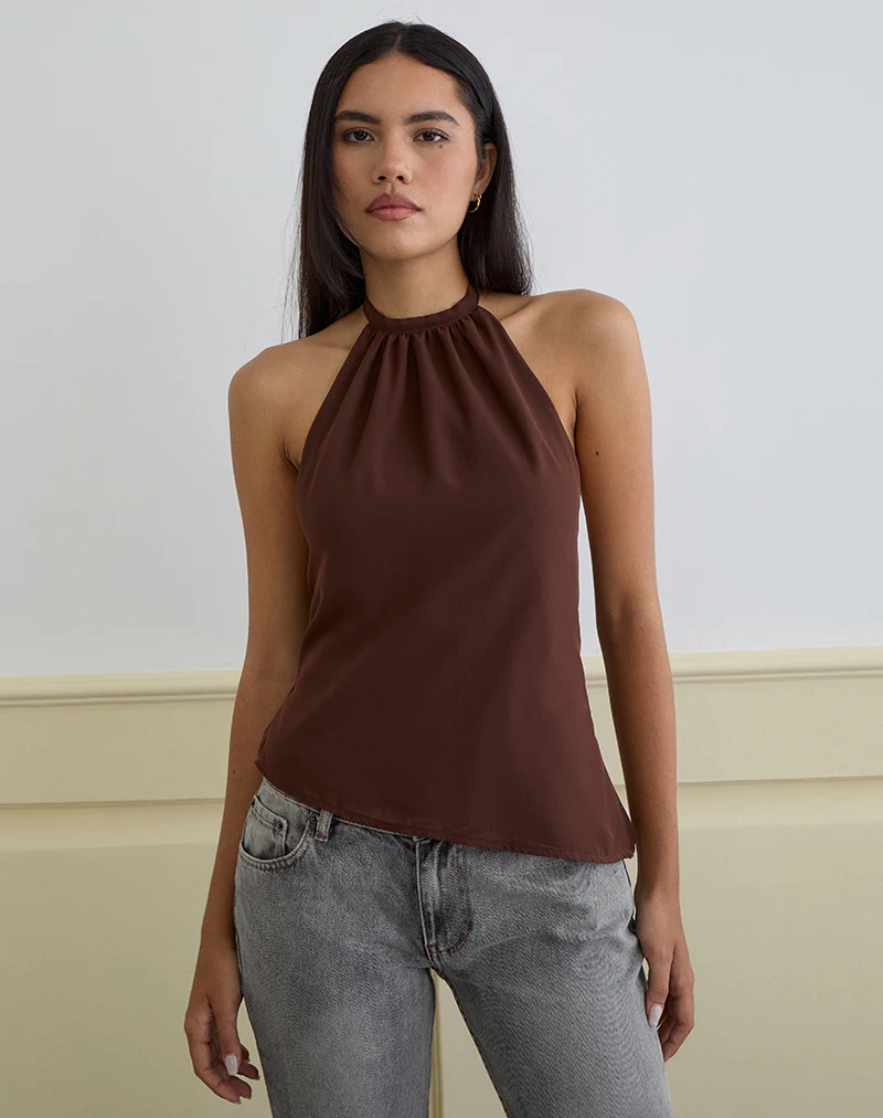 Astina Halterneck Top in Chiffon Brown - Image 3