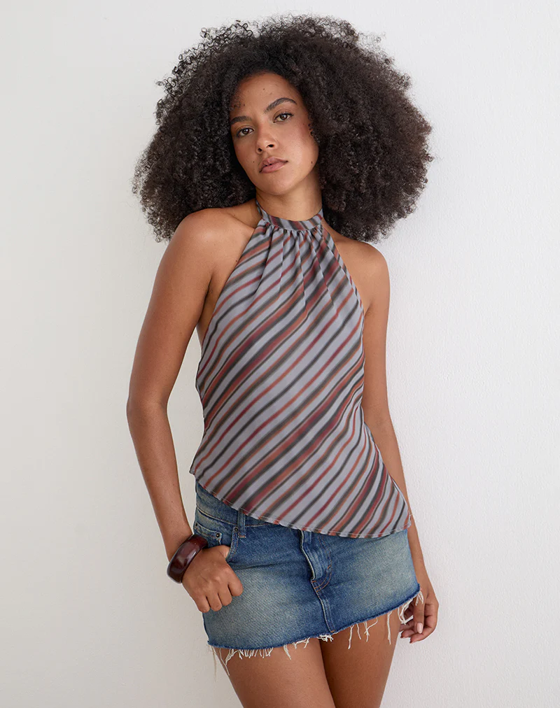 Astina Halterneck Top in Chiffon Grey and Maroon Diagonal Stripe - Image 2