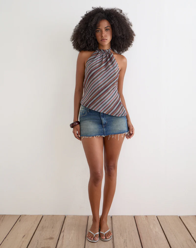 Astina Halterneck Top in Chiffon Grey and Maroon Diagonal Stripe - Image 3
