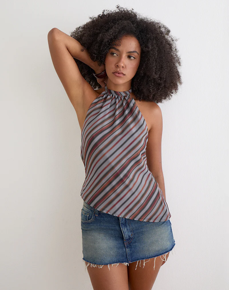 Astina Halterneck Top in Chiffon Grey and Maroon Diagonal Stripe - Image 4