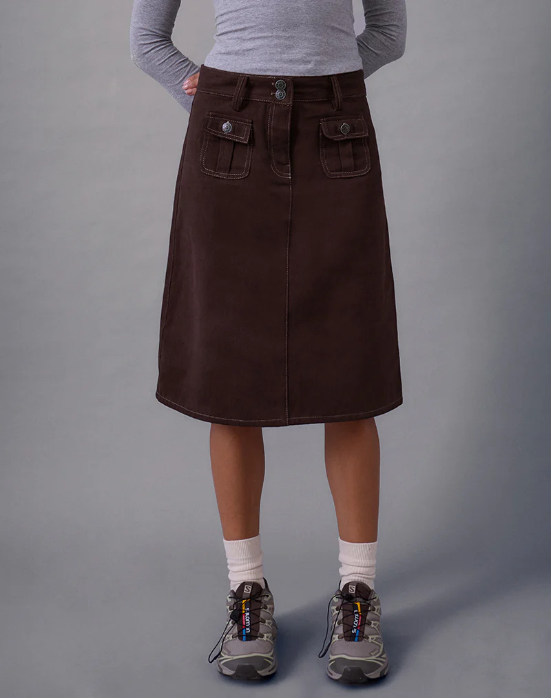 Astor Midi Skirt in Brown with Contrast Stitch - Image 2