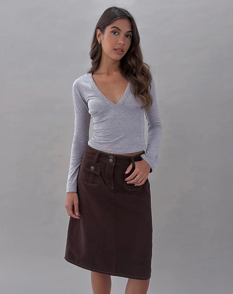 Astor Midi Skirt in Brown with Contrast Stitch - Image 3