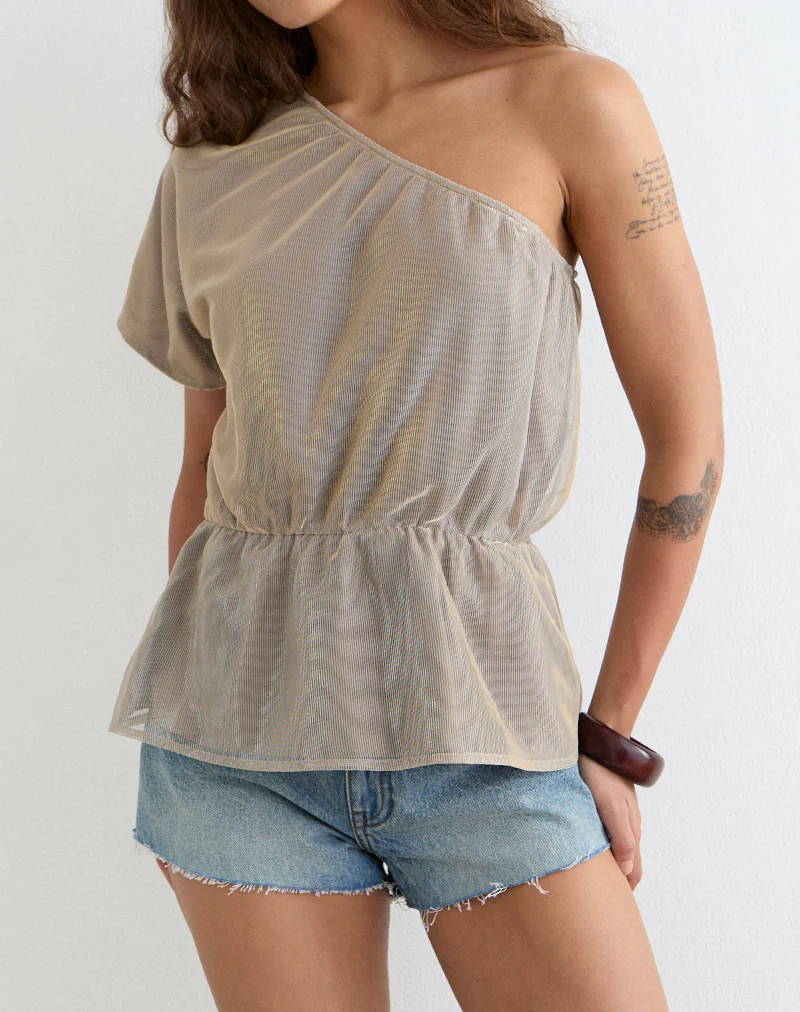 Astria One Shoulder Tie Belt Top in Gold Plisse - Image 2