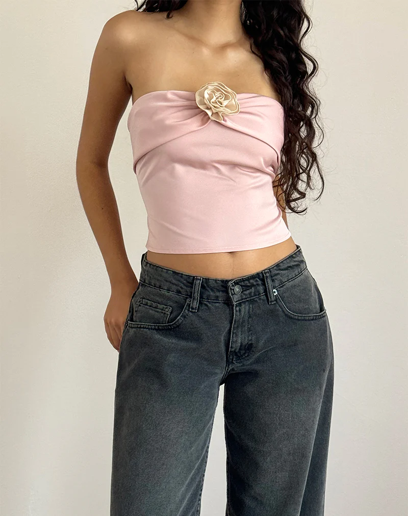 Astrum Satin Bandeau Top in Pink with Ivory Rose - Image 2