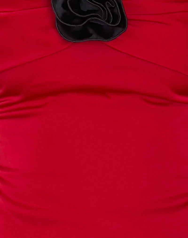 Astrum Satin Bandeau Top in Red with Black Rose - Image 6