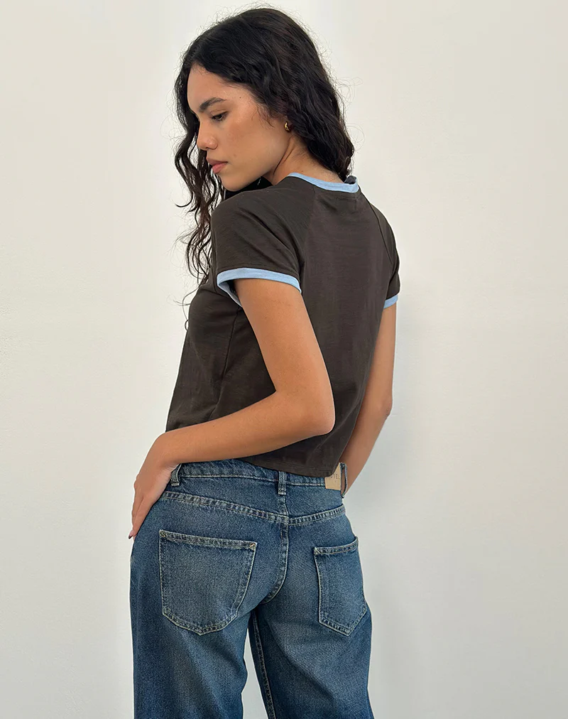 Atenga Tee in Chocolate Brown with Light Blue Binding - Image 5