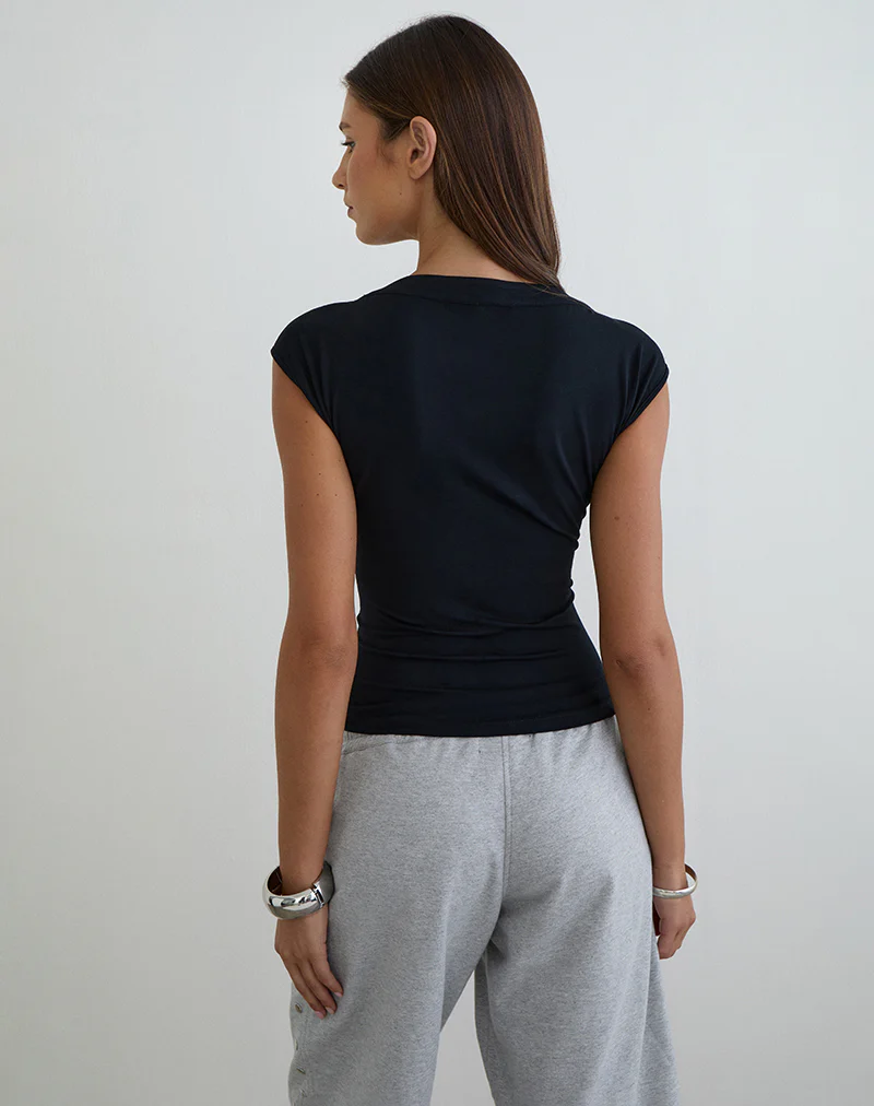 Atheia Gathered V-Neck Top in Rayon Jersey Black - Image 4