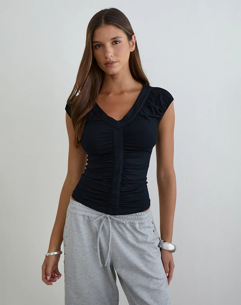 Atheia Gathered V-Neck Top in Rayon Jersey Black - Image 5