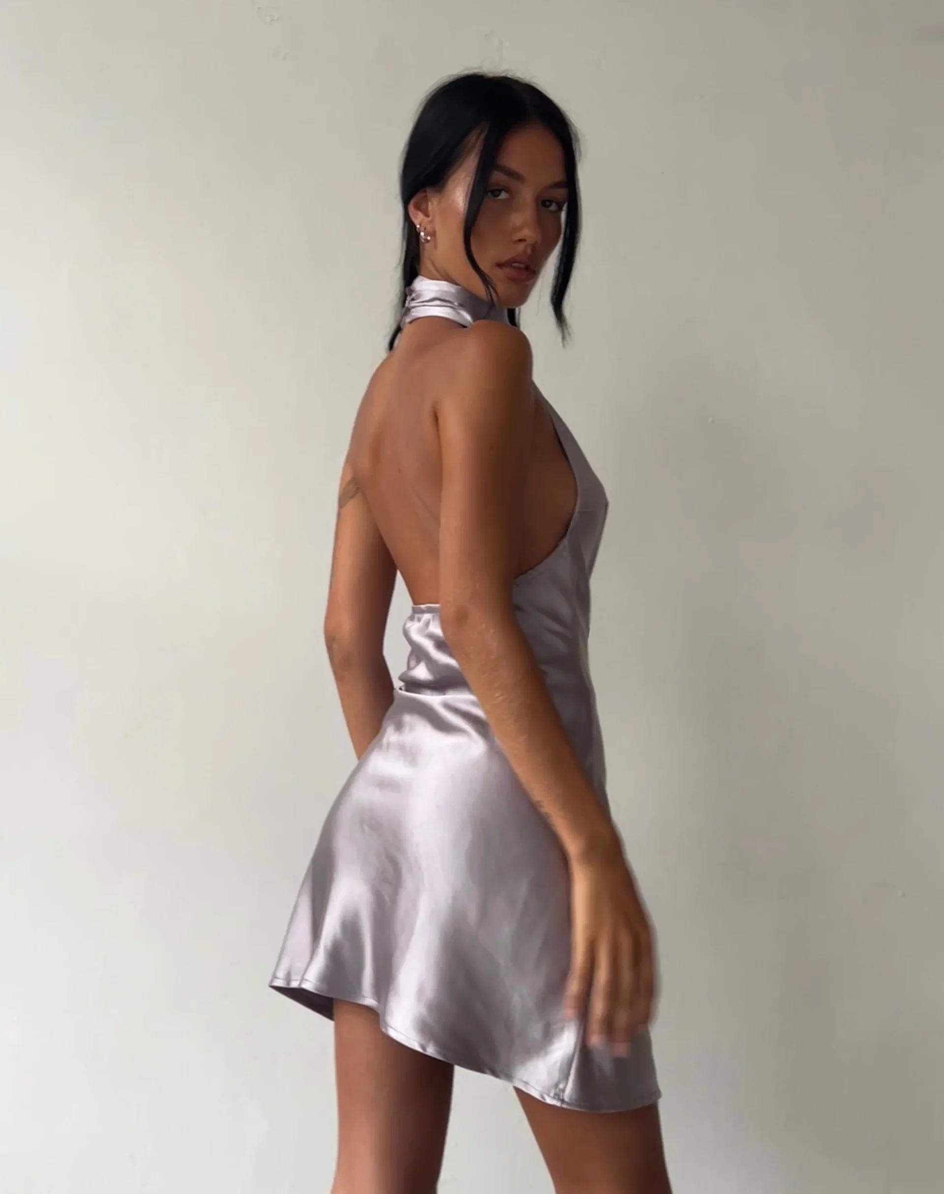 MOTEL X JACQUIE Atik Halterneck Mini Dress in Satin Silver - Image 2
