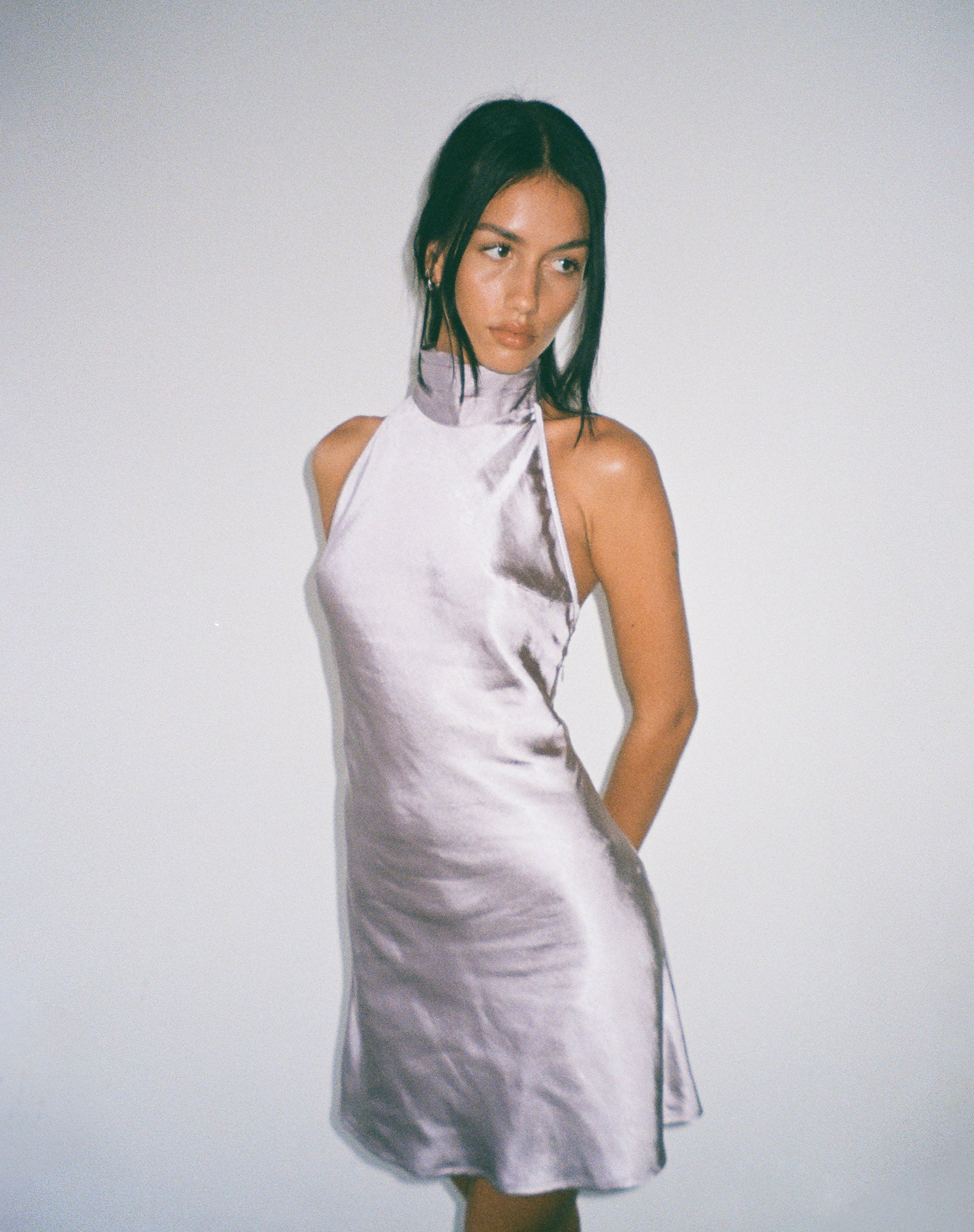 MOTEL X JACQUIE Atik Halterneck Mini Dress in Satin Silver - Image 3