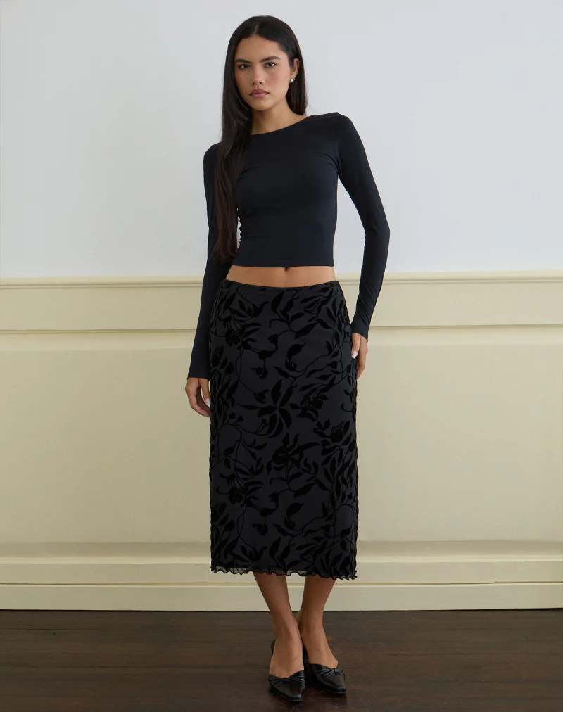Atira Midi Skirt in Flock Leaf Flower Black - Image 3