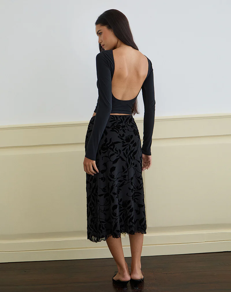 Atira Midi Skirt in Flock Leaf Flower Black - Image 4