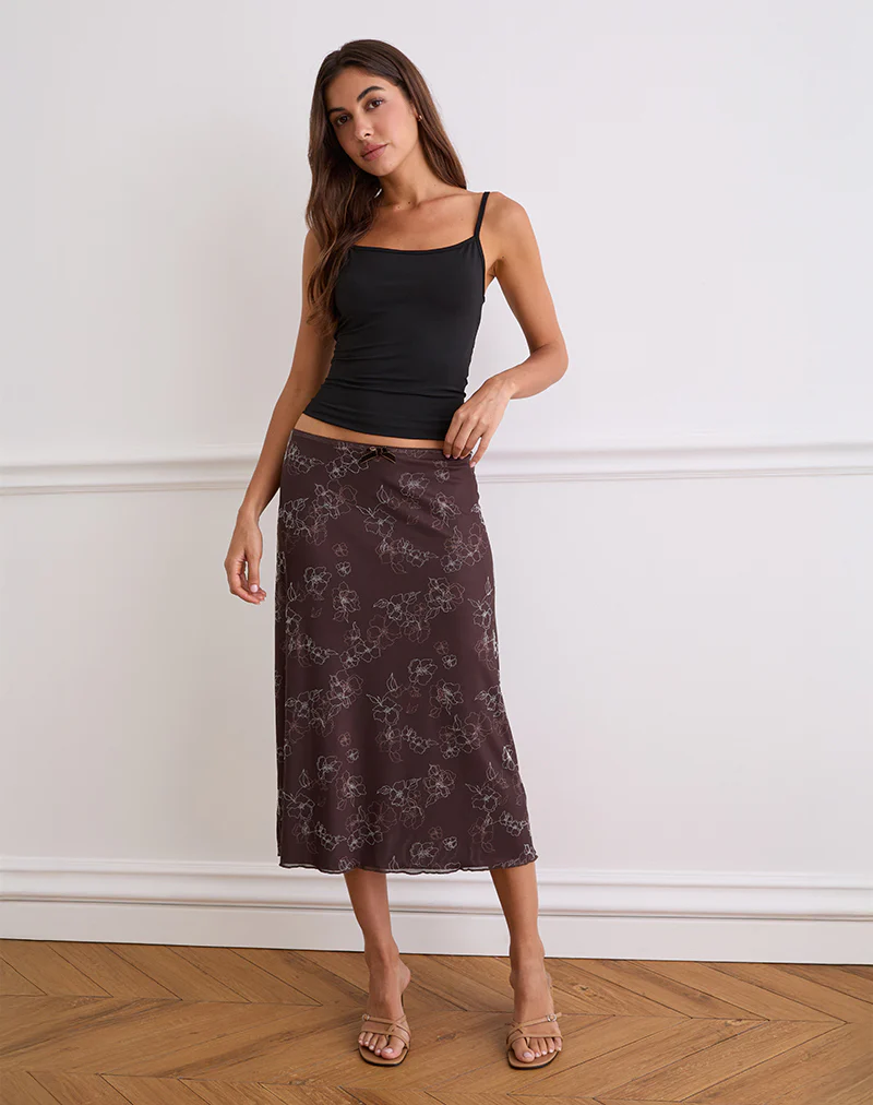 Atira Midi Skirt in Doodle Flower Flock Brown - Image 4