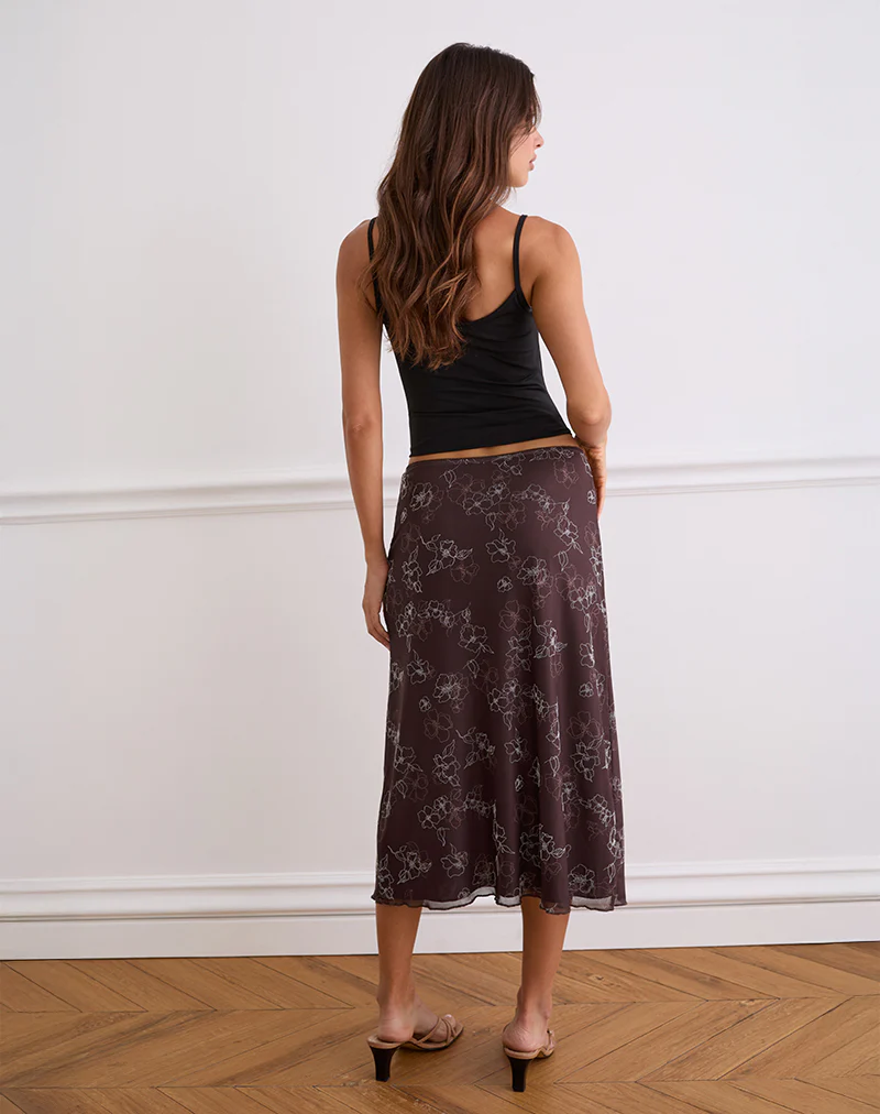 Atira Midi Skirt in Doodle Flower Flock Brown - Image 5