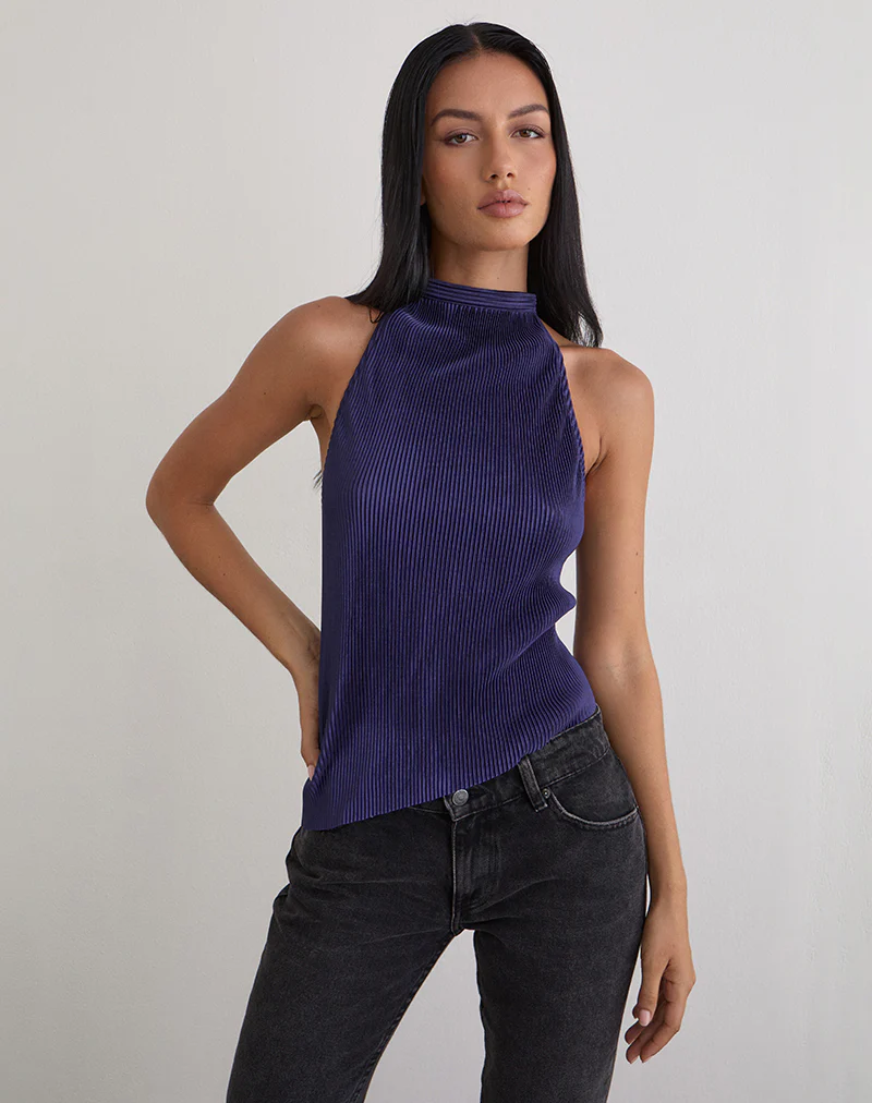 Atsila High Neck Sleeveless Top in Plisse Navy - Image 5
