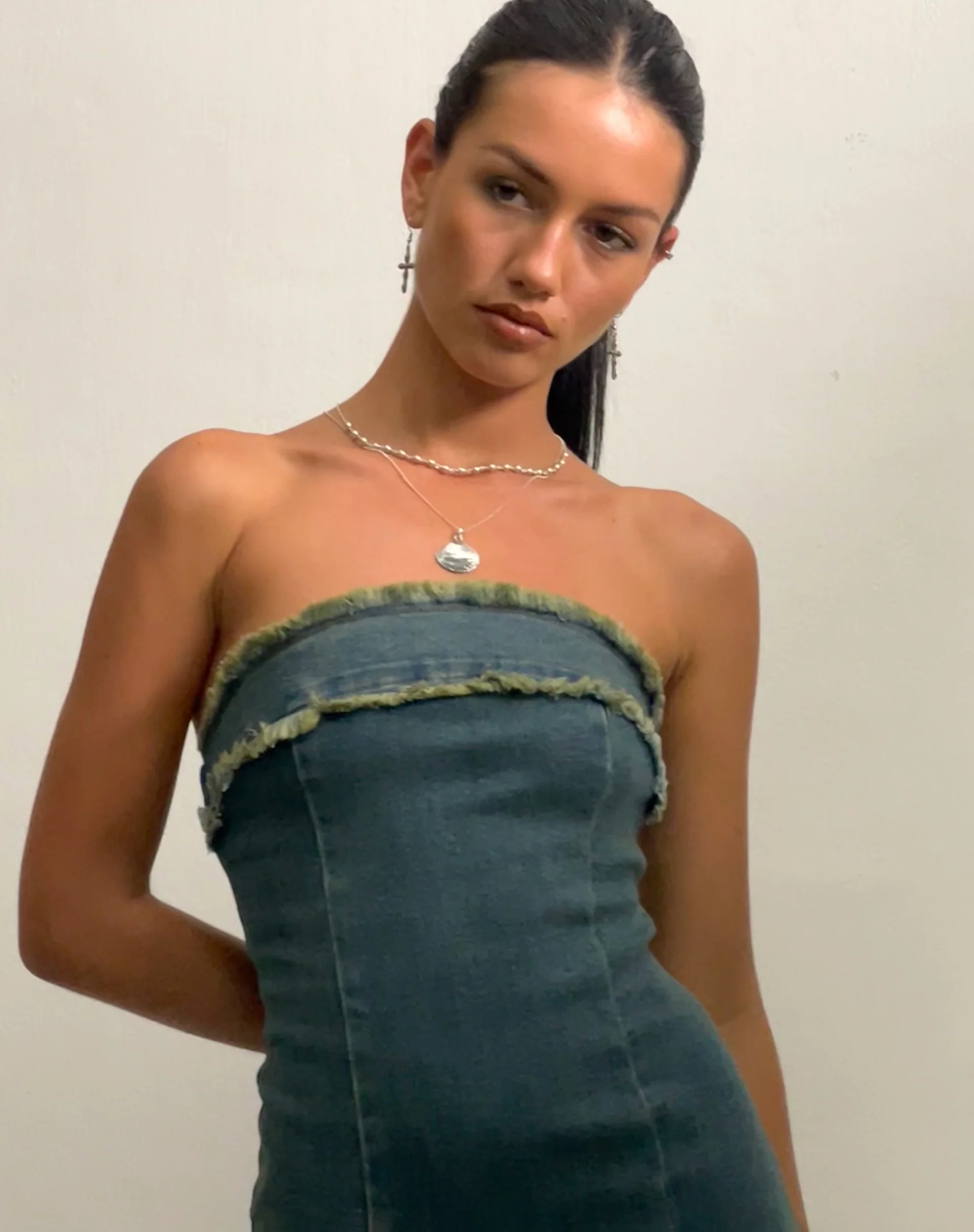 Atun Denim Bandeau Maxi Dress in Brown Blue Acid Wash - Image 2
