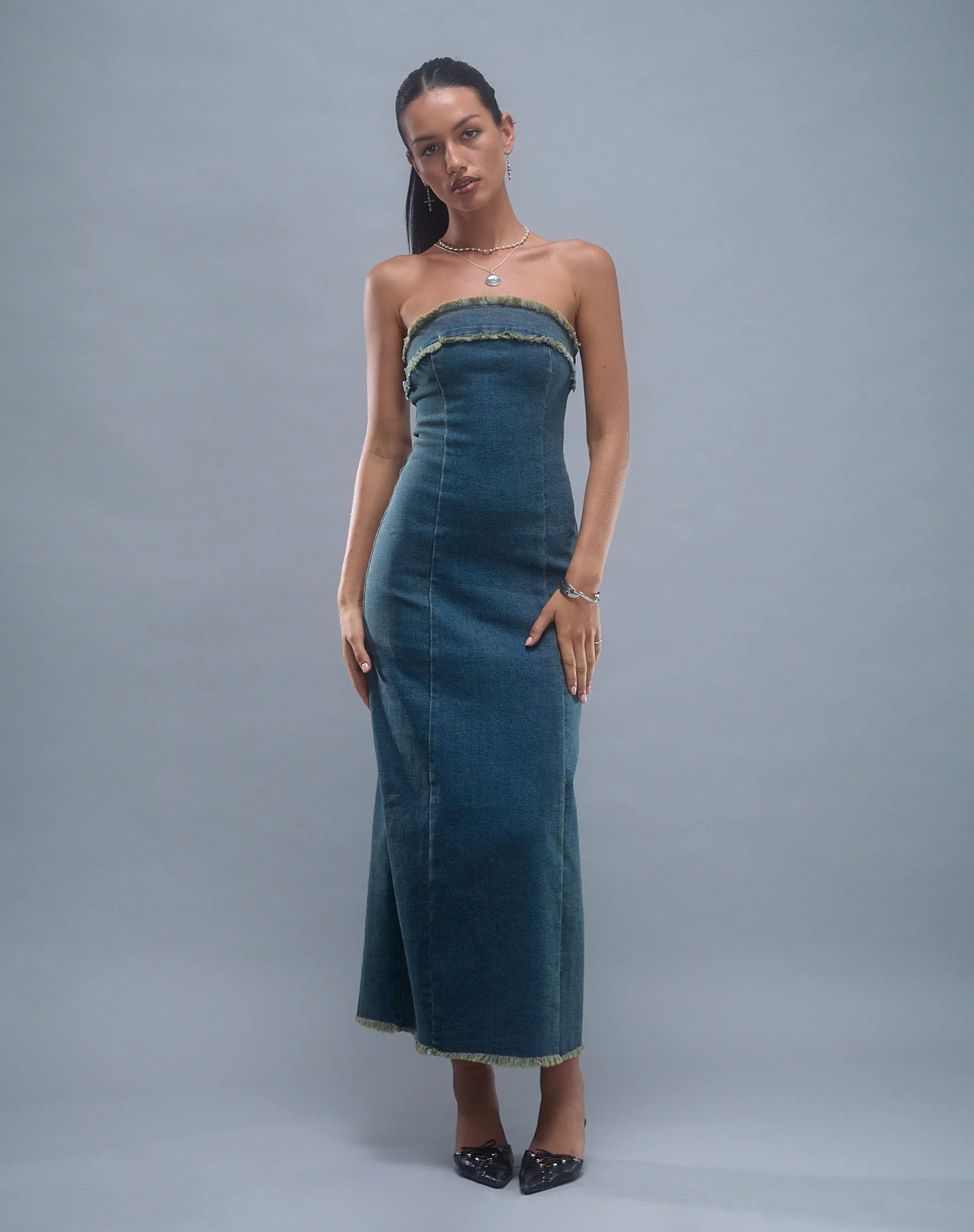 Atun Denim Bandeau Maxi Dress in Brown Blue Acid Wash - Image 3