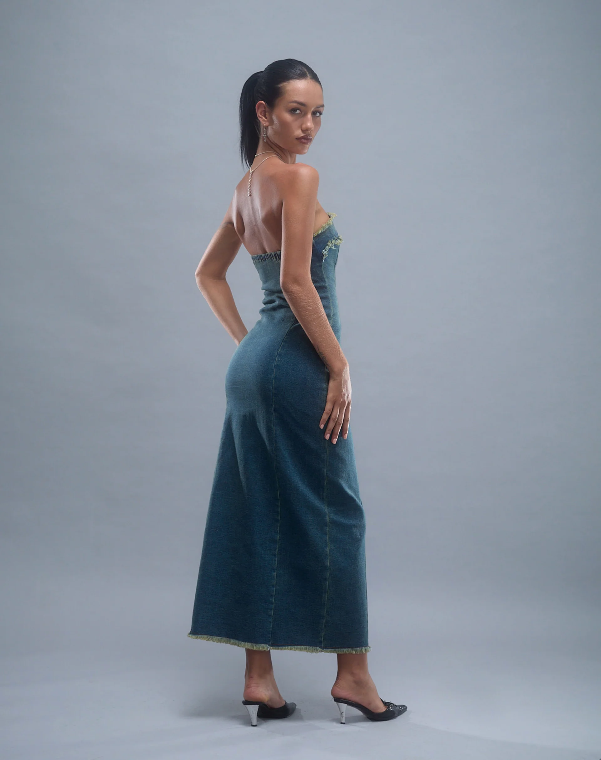 Atun Denim Bandeau Maxi Dress in Brown Blue Acid Wash - Image 4