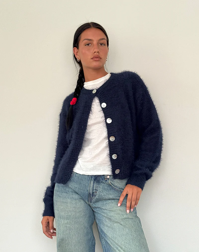 Audrina Cardigan In Fluffy Knit Navy - Image 4