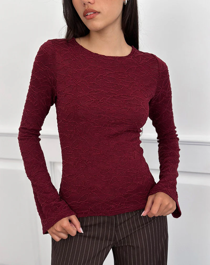Aven Asymmetric Top in Textured Knit Red - Image 2