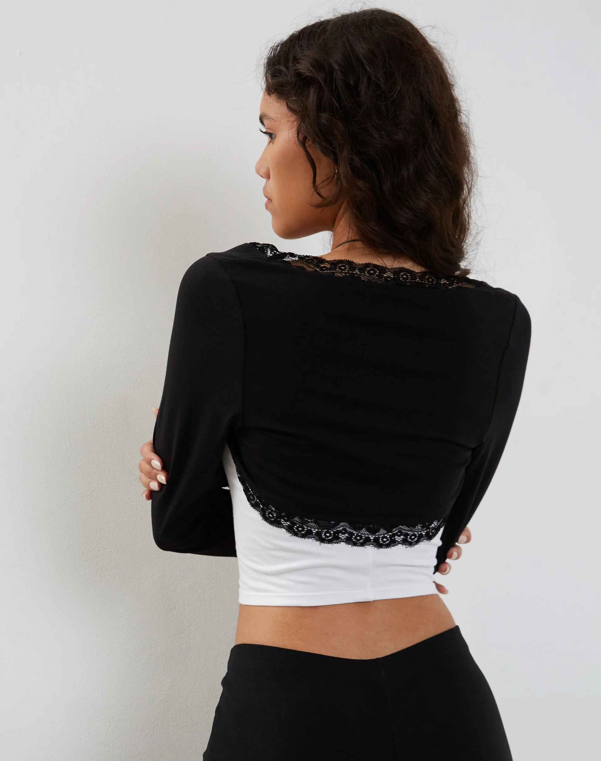 Avya Lace Trim Shrug Top in Lycra Lace Black - Image 2