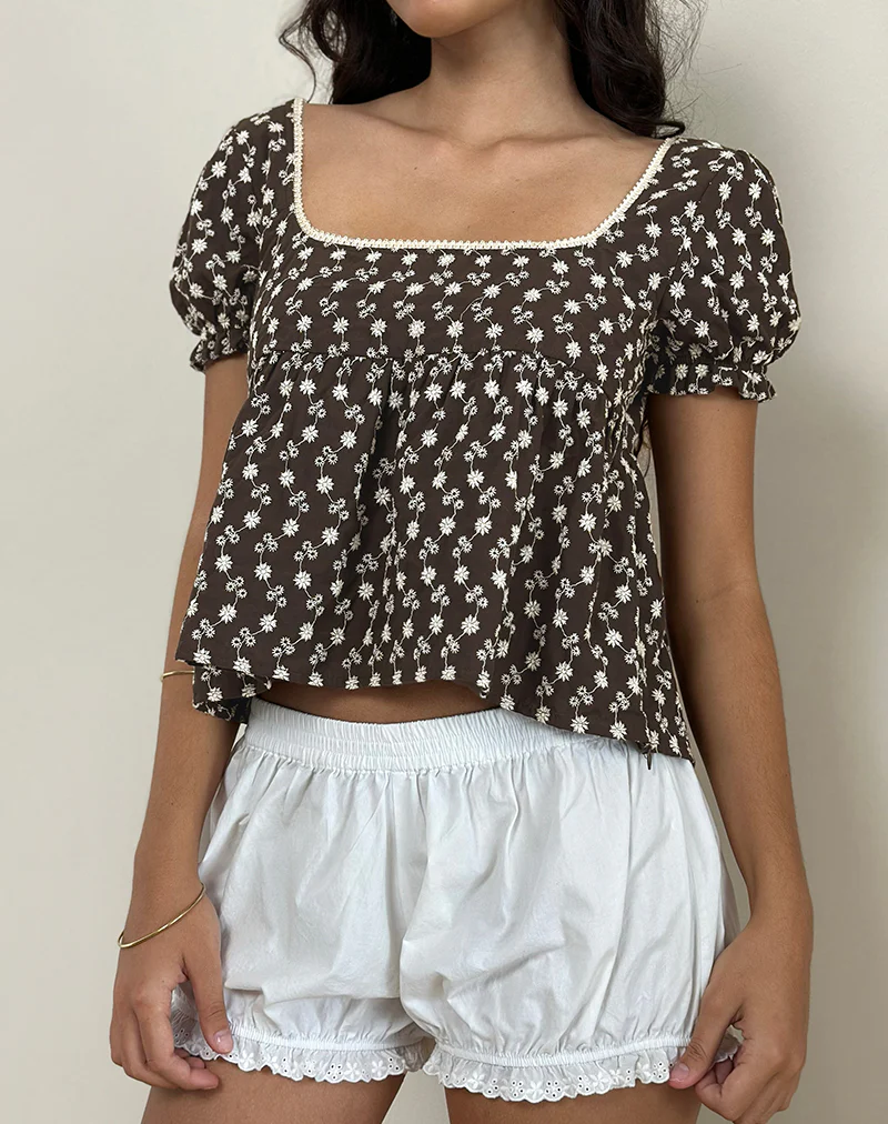 Axoni Square Neck Blouse in Floral Broderie Brown - Image 4