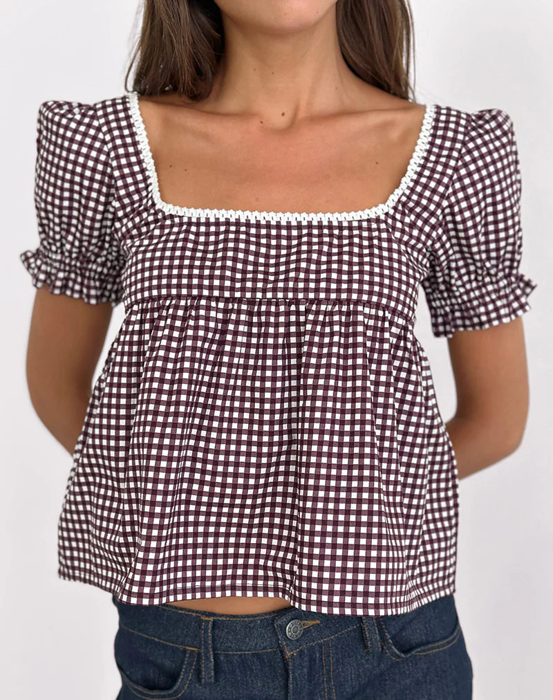 Axoni Square Neck Blouse in Mini Gingham Wine - Image 5
