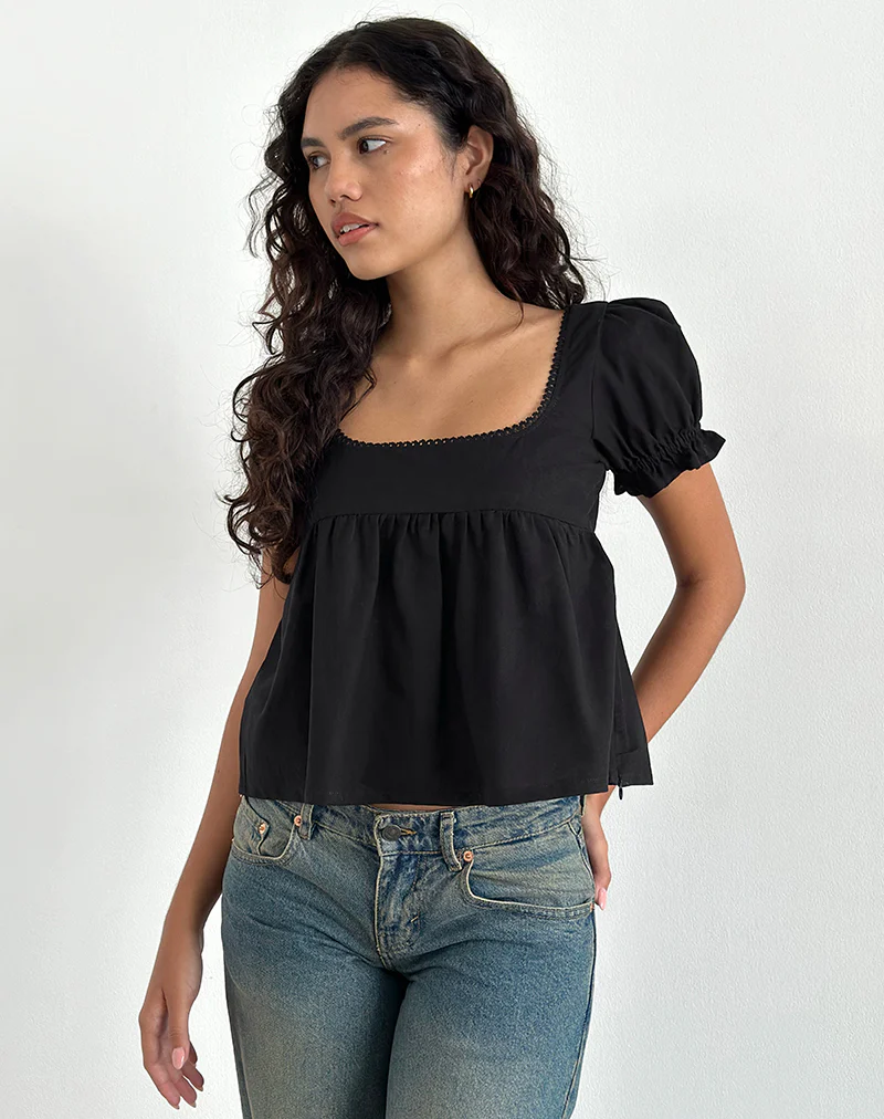 Axoni Square Neck Blouse in Linen Black - Image 2