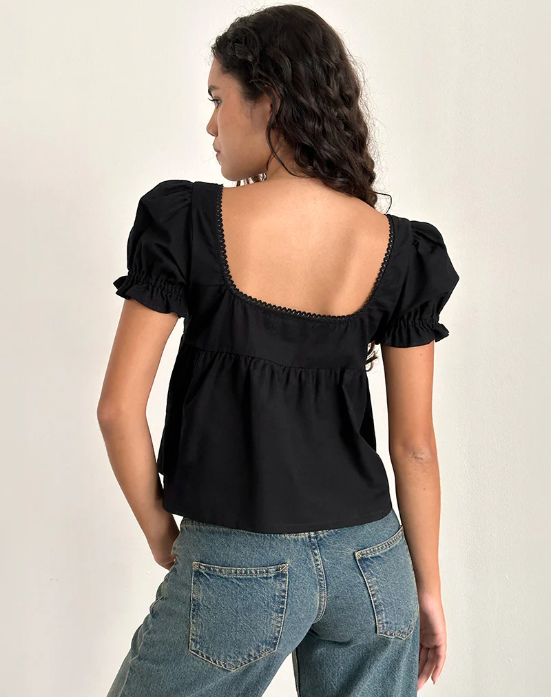 Axoni Square Neck Blouse in Linen Black - Image 4