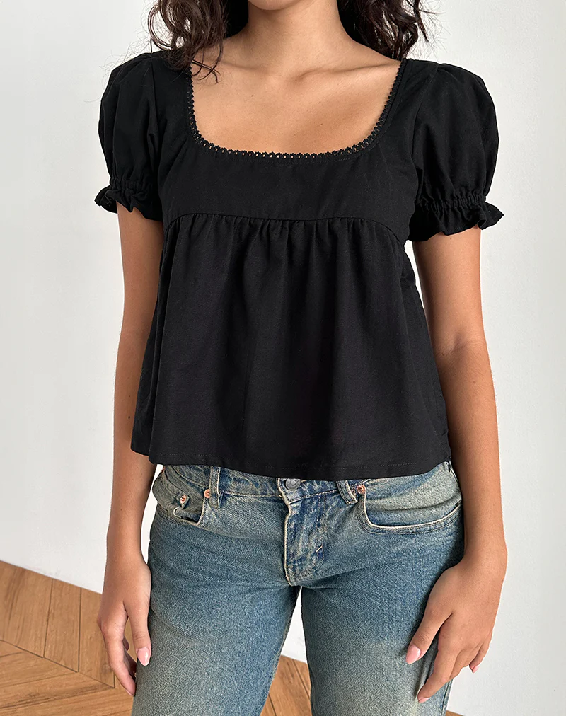 Axoni Square Neck Blouse in Linen Black - Image 5