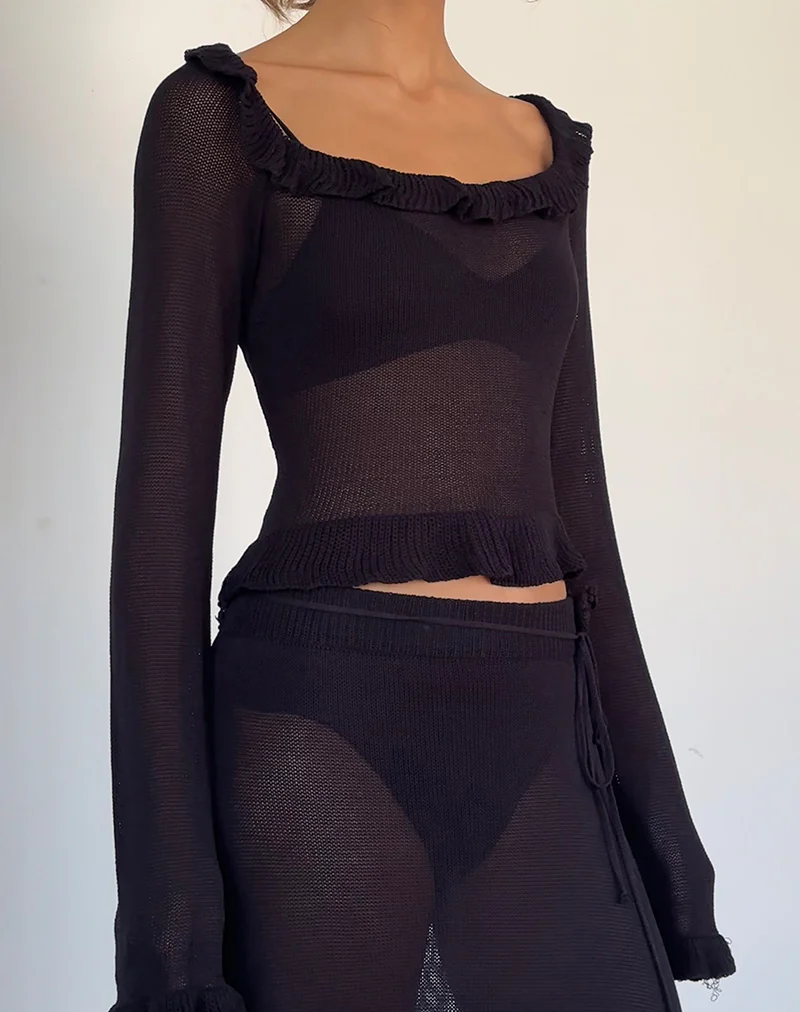 Ayako Frill Fine Knit Top in Black - Image 3