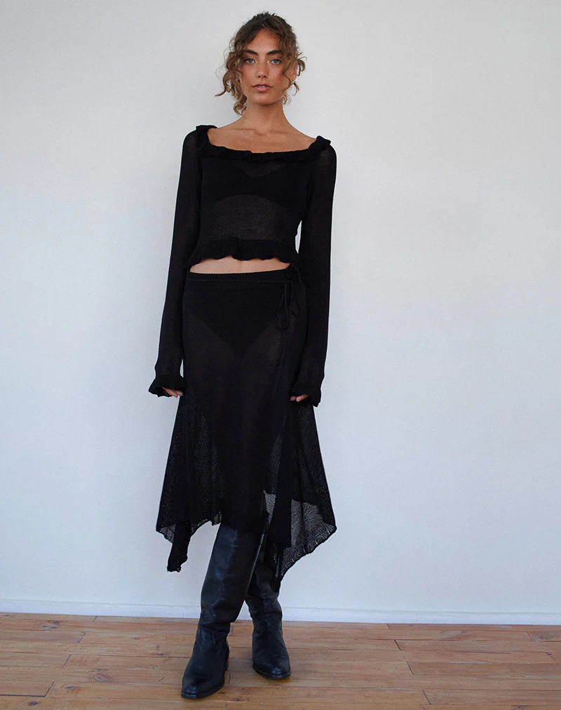 Ayako Frill Fine Knit Top in Black - Image 4