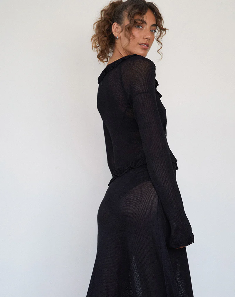 Ayako Frill Fine Knit Top in Black - Image 5