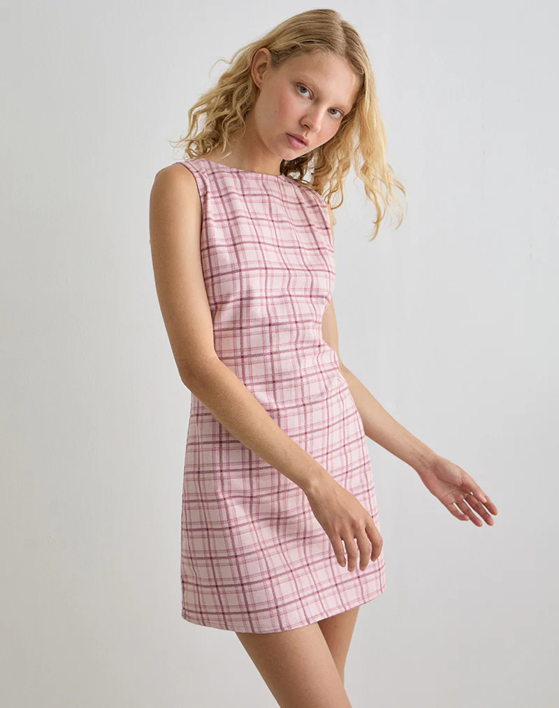 Ayana Backless Mini Dress in Basic Tartan Pink - Image 5