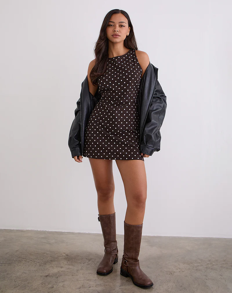Ayana Open Back Mini Dress in Medium Polka Brown - Image 5
