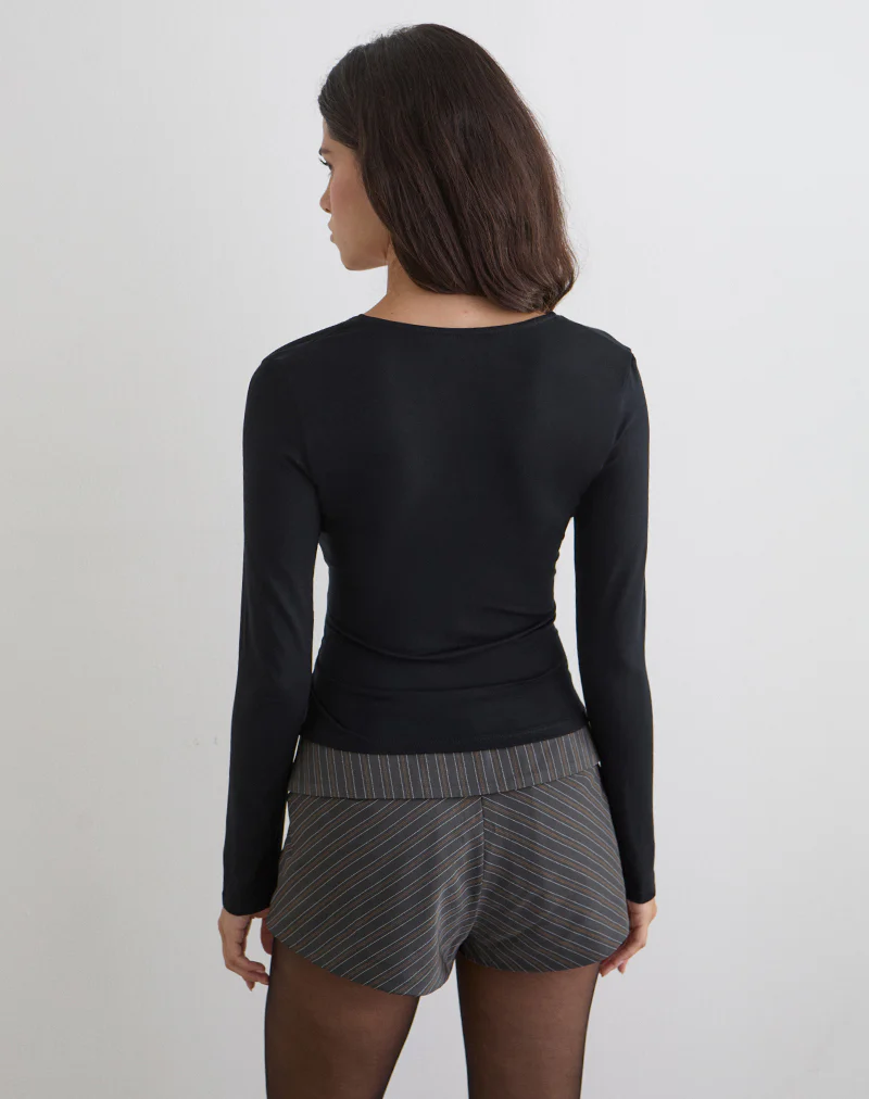 Aye Plunge Long Sleeve Top with Ruched Neck in Black - Image 3