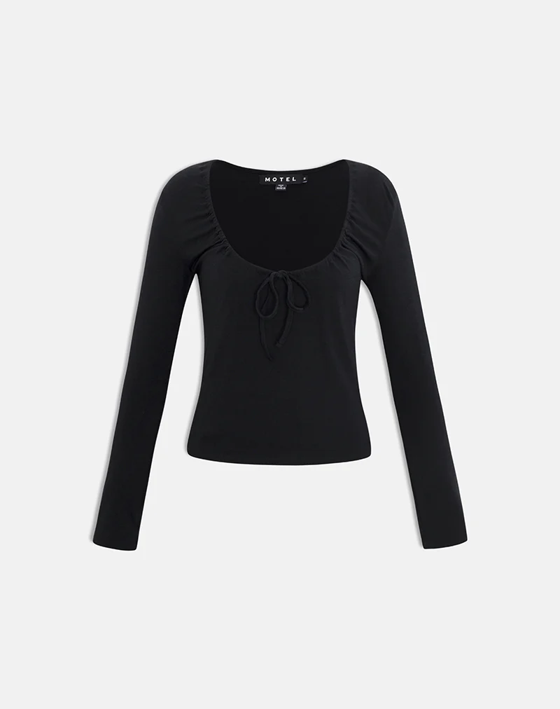 Aye Plunge Long Sleeve Top with Ruched Neck in Black - Image 5