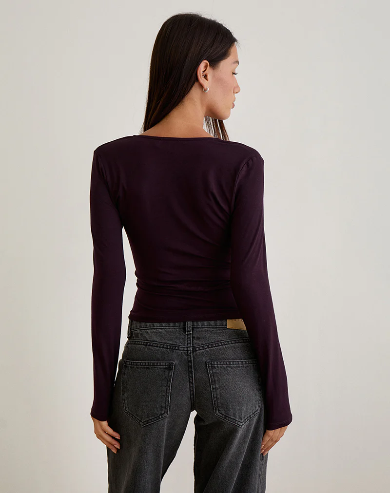 Aye Plunge Long Sleeve Top with Ruched Neck in Redwood - Image 3