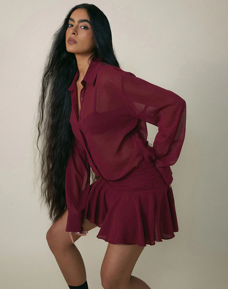 Azphira Long Sleeve Button Up Playsuit in Burgundy - Image 2