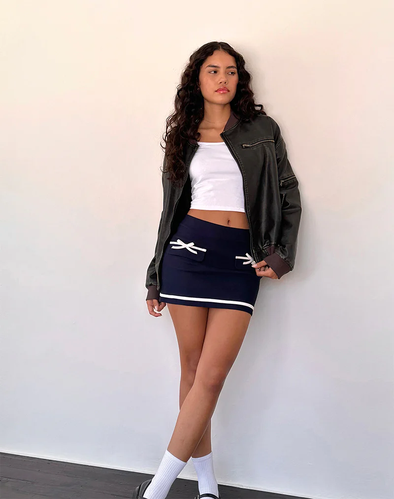 Babeda Bow Mini Skirt in Navy - Image 4