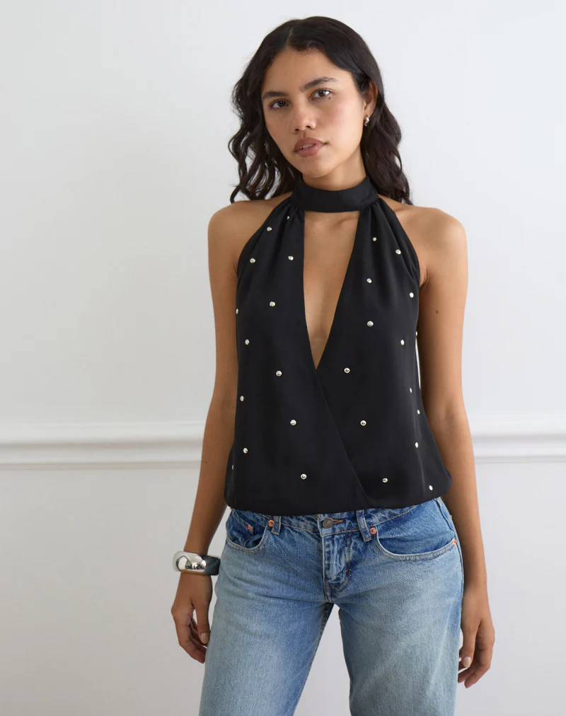 Bajo Halter Bubble Top in Chiffon Black with Studs - Image 5