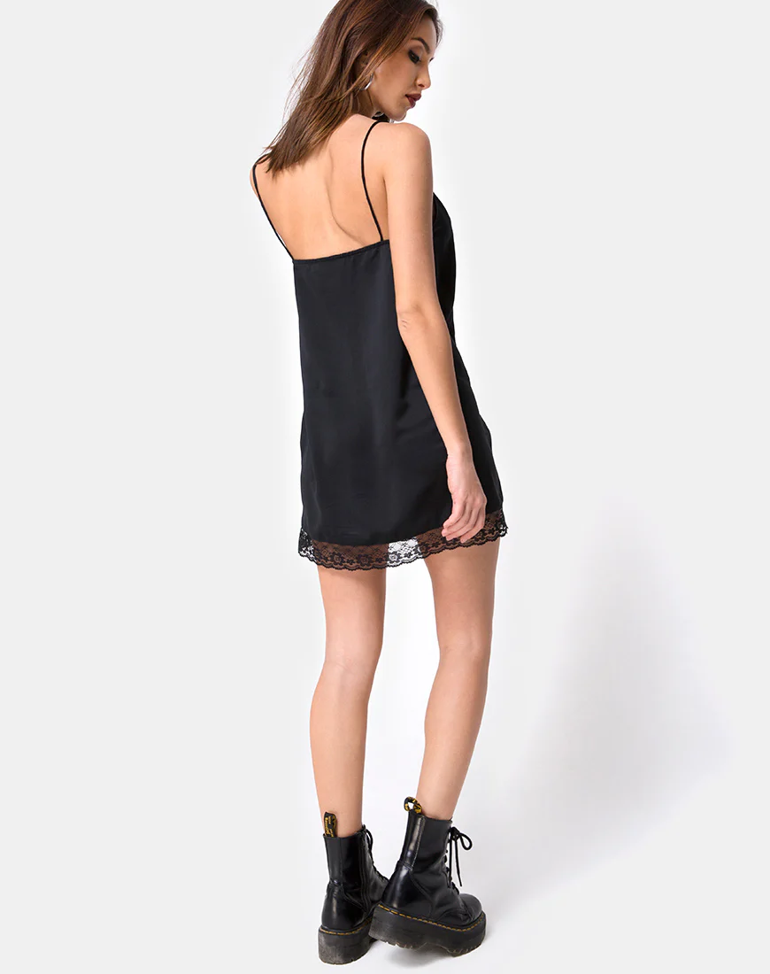 Balace Slip Dress in Black Satin with Black Lace - Image 4