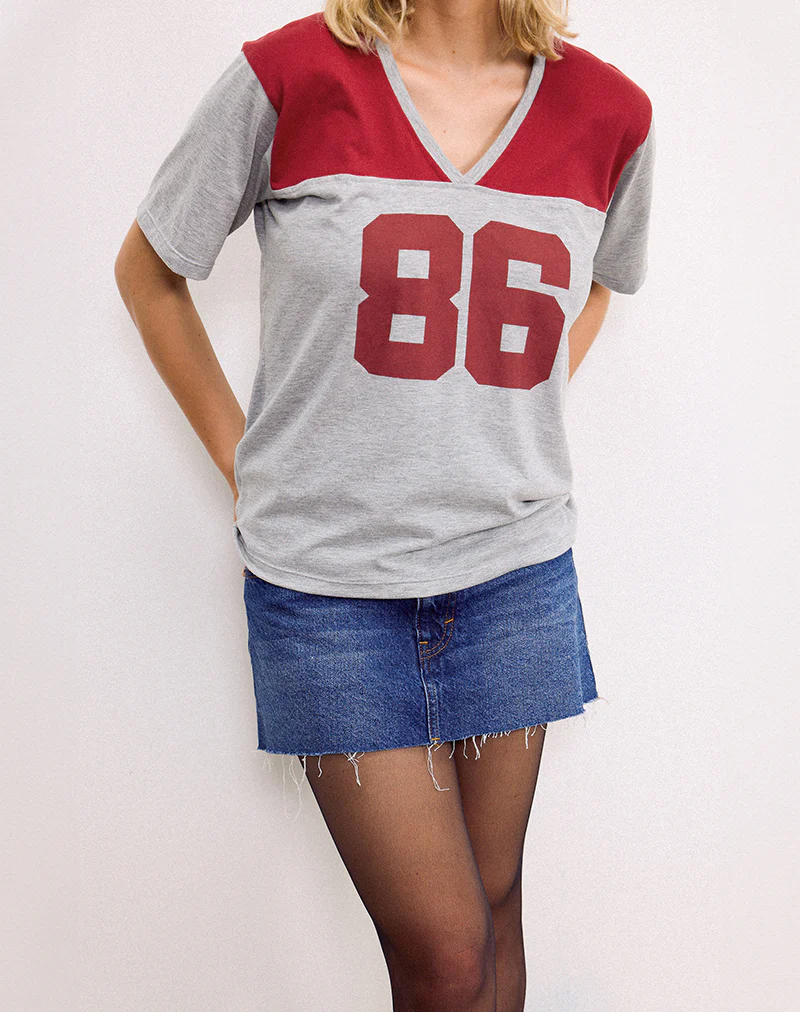Balap Oversized Top in Grey Marl and Adrenaline Red with '86' Emb - Image 5