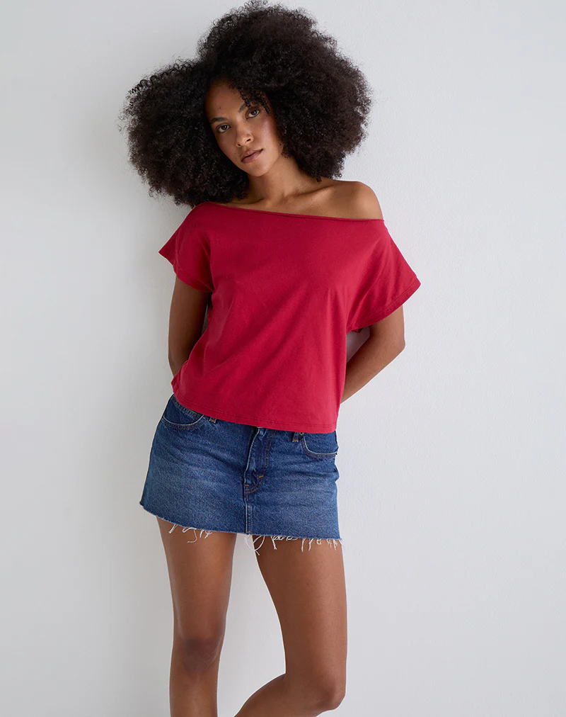 Balia Asymmetric Short Sleeve Basic Top in Adrenaline Red - Image 2