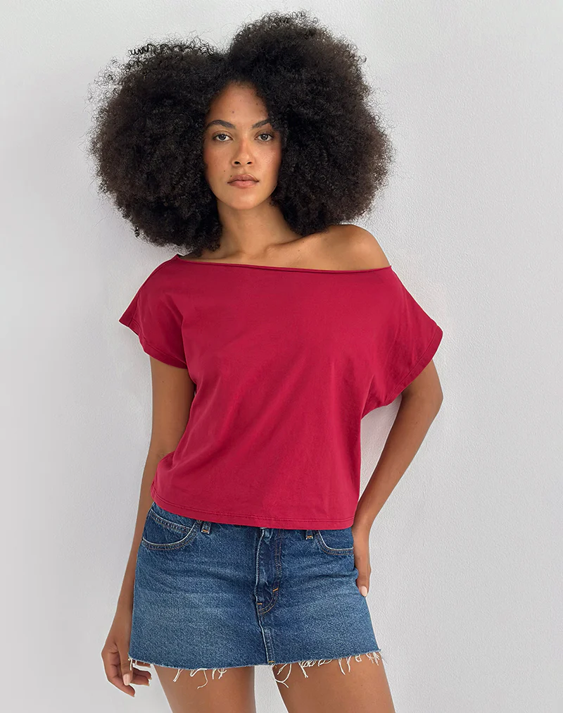 Balia Asymmetric Short Sleeve Basic Top in Adrenaline Red - Image 3