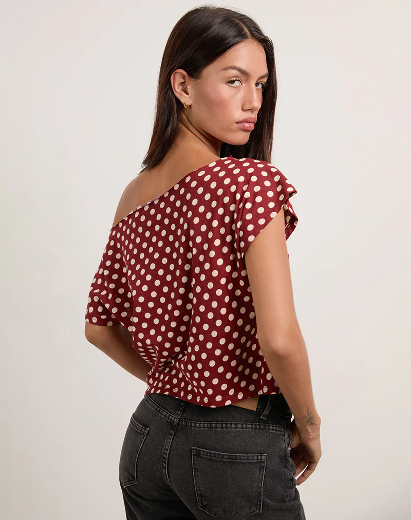 Balia Asymmetric Short Sleeve Top in Polka Wine - Image 2